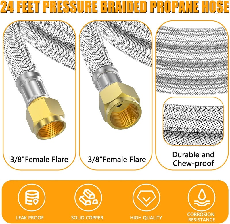 MEFUN 24 Ft High Pressure Braided Propane Hose Extension with Conversion Coupling: 3/8" Flare to 1/2" Female, 1/4" Male, 1/8" NPT Male, for BBQ, Fire Pit,Heater - Image 2